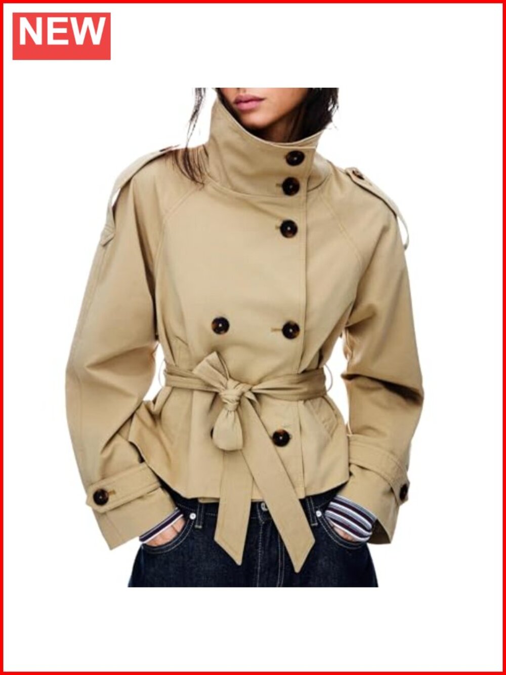 Women's Cropped Trench Coat, Double-Breasted, High Collar, Lightweight with